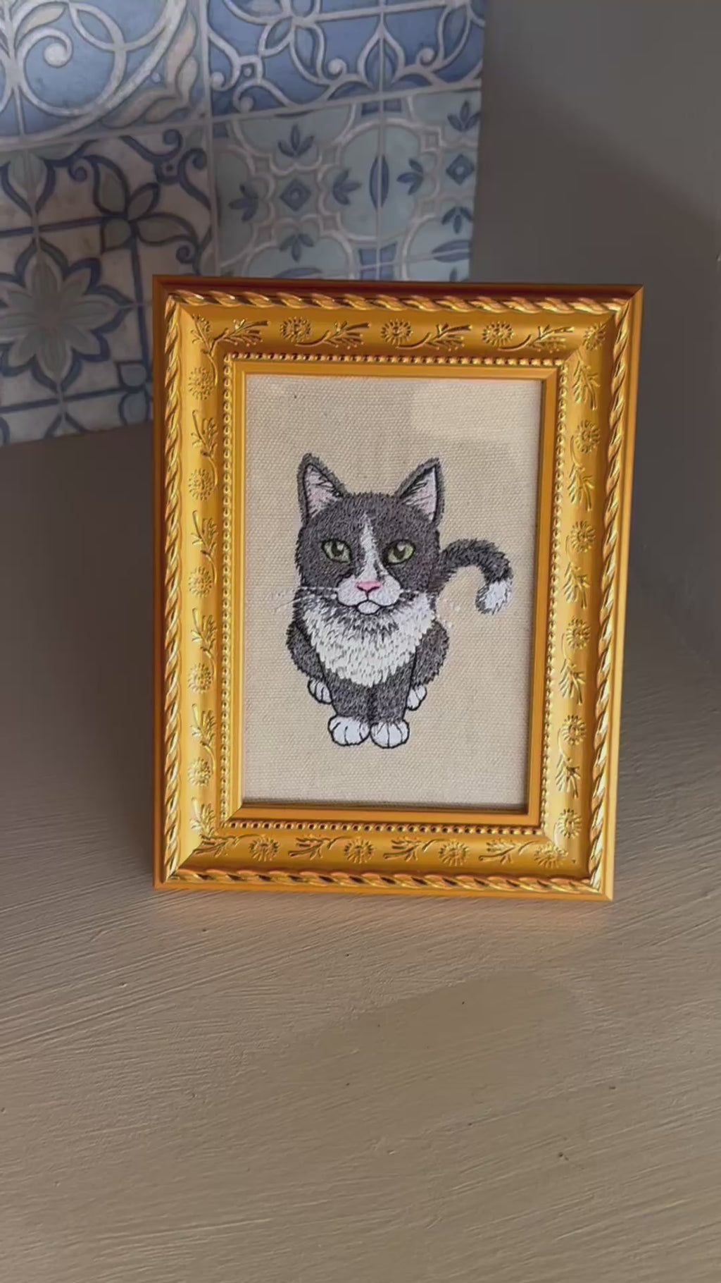 Gray & White Tuxedo Cat — Machine Embroidered Framed Art | Tabletop Decor