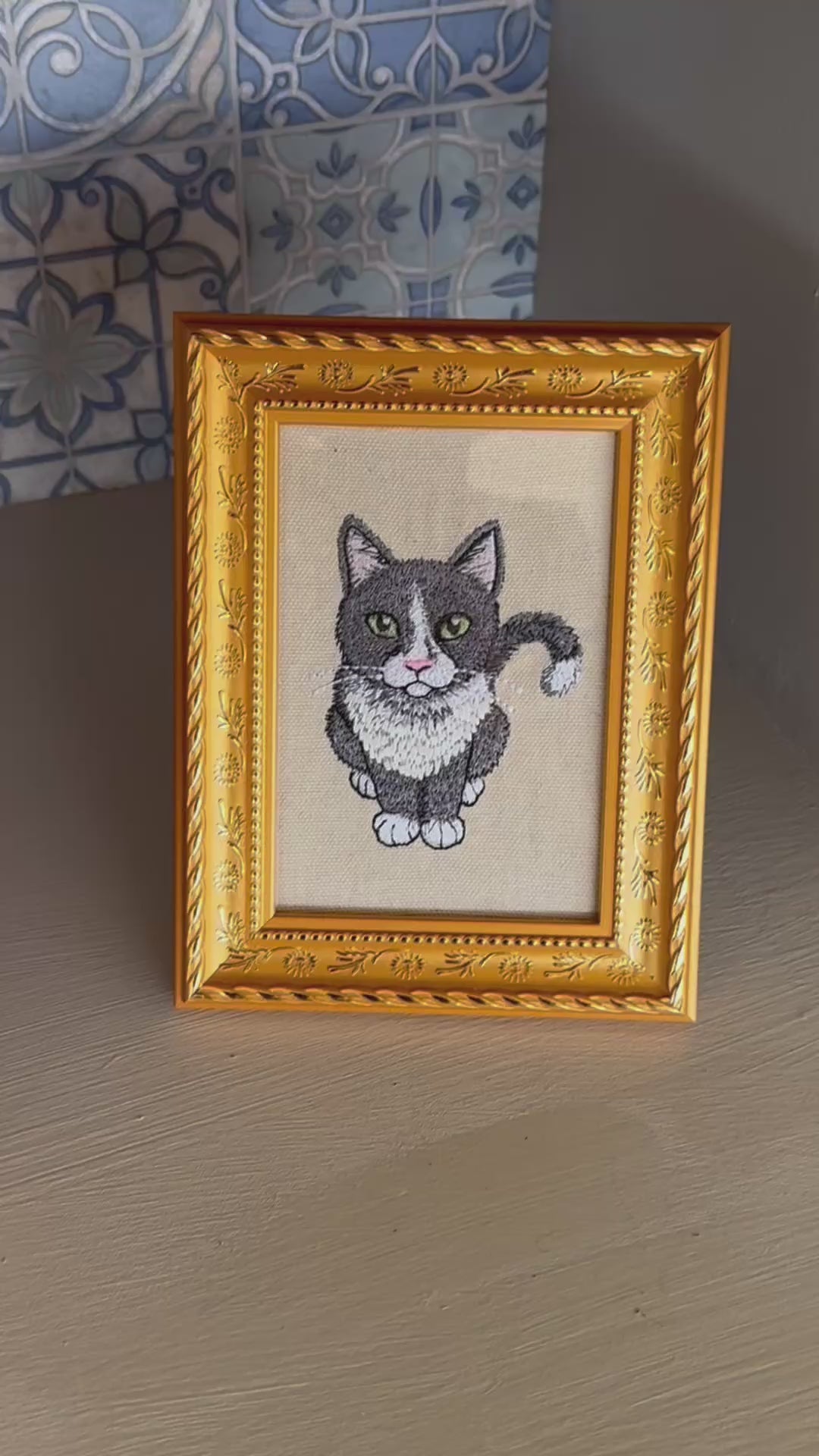 Gray & White Tuxedo Cat — Machine Embroidered Framed Art | Tabletop Decor