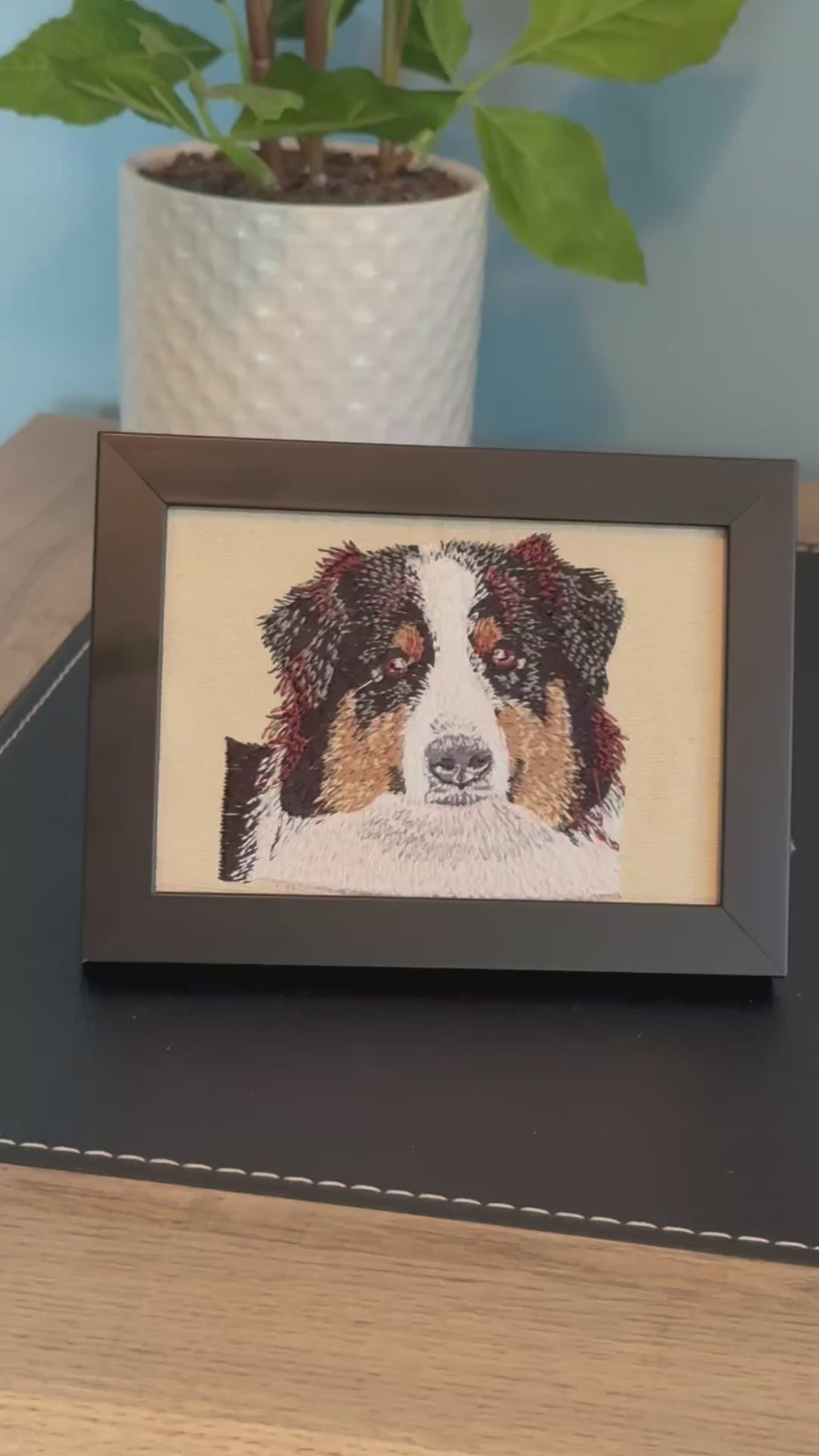Bernese Mountain Dog Machine Embroidered Framed Art | Tabletop Decor for Home or Office