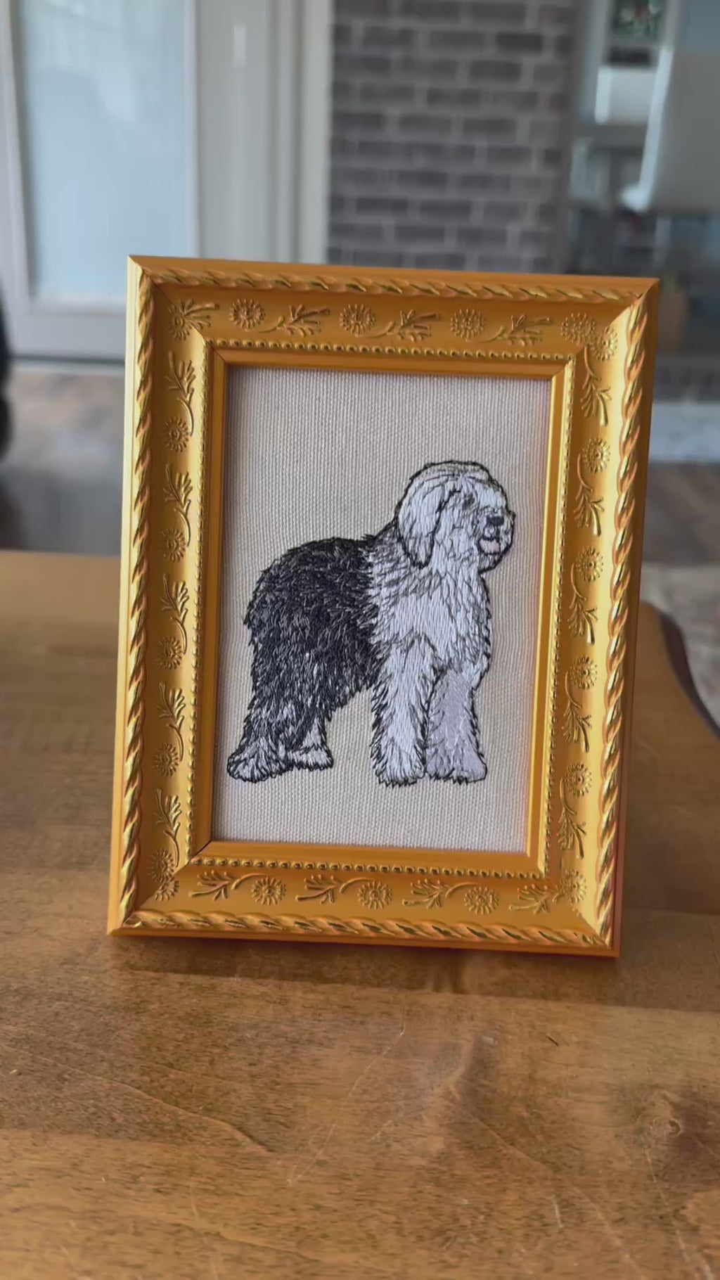 Old English Sheepdog Machine Embroidered Framed Art | Tabletop Decor