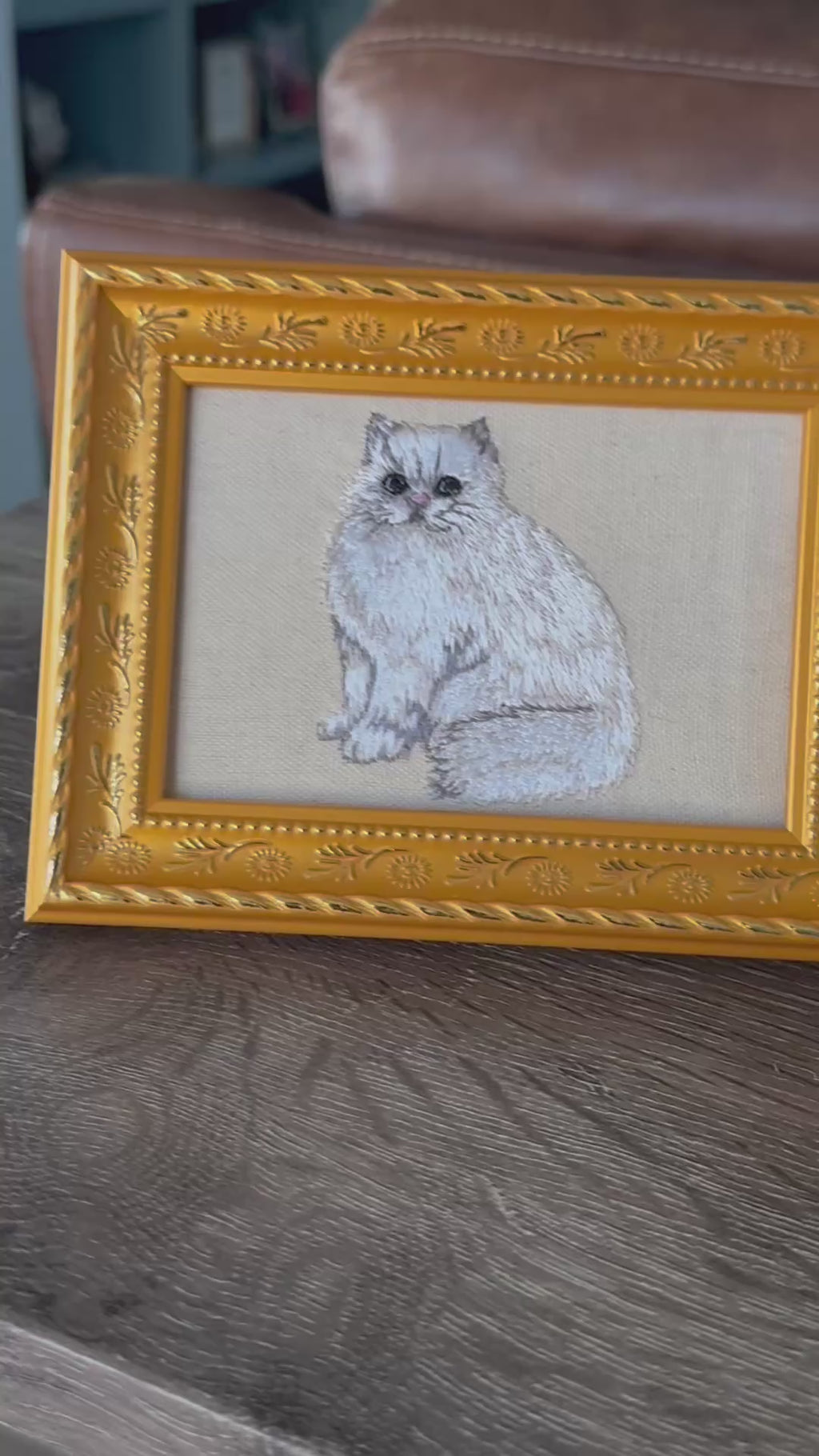 White Cat — Machine Embroidered Framed Art | Tabletop Decor