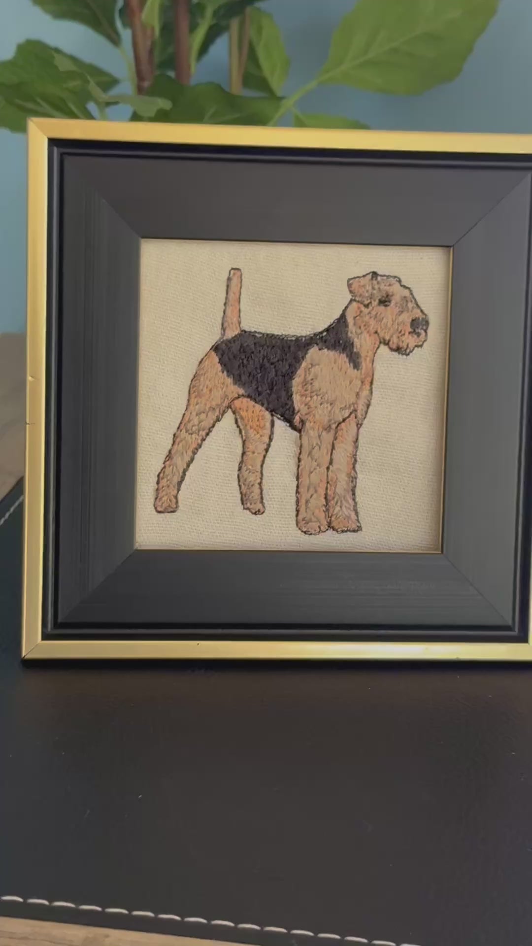 Airedale Terrier Machine Embroidered Framed Art | Tabletop Decor