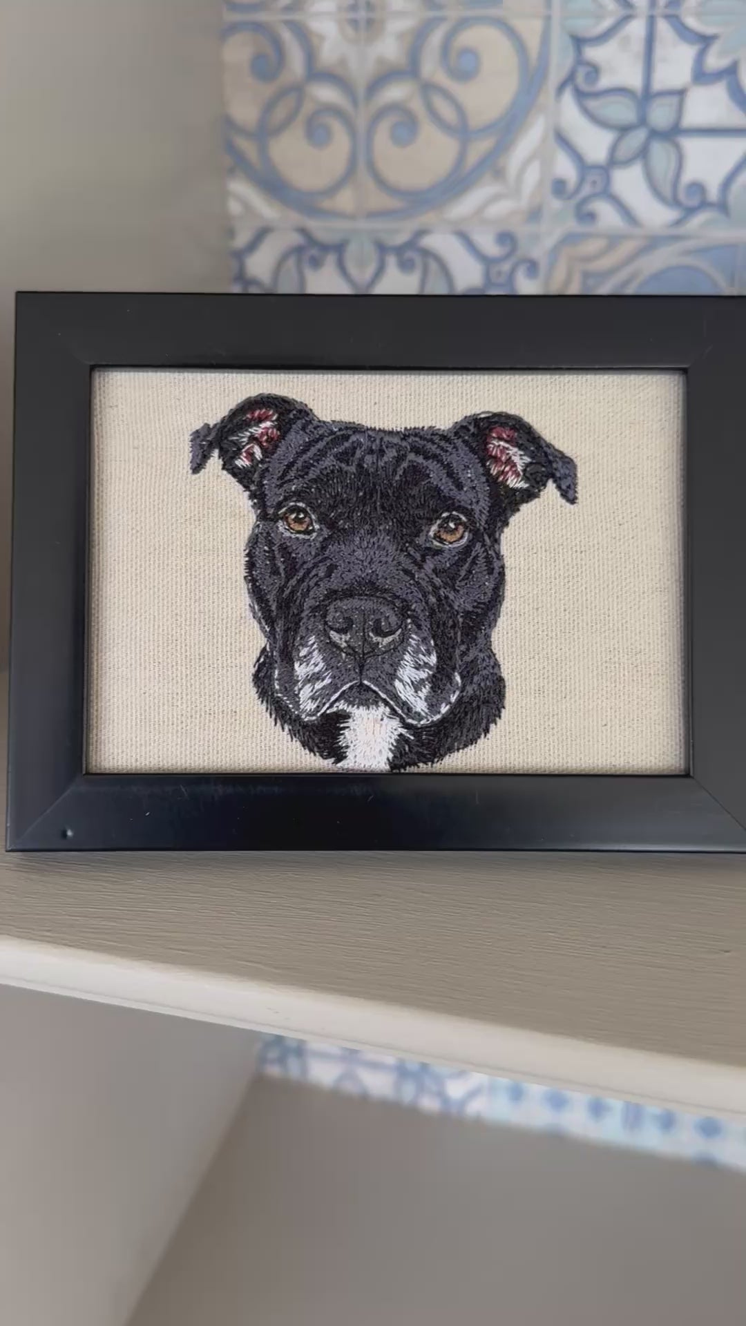 Pit Bull Terrier Machine Embroidered Framed Art | Tabletop Decor