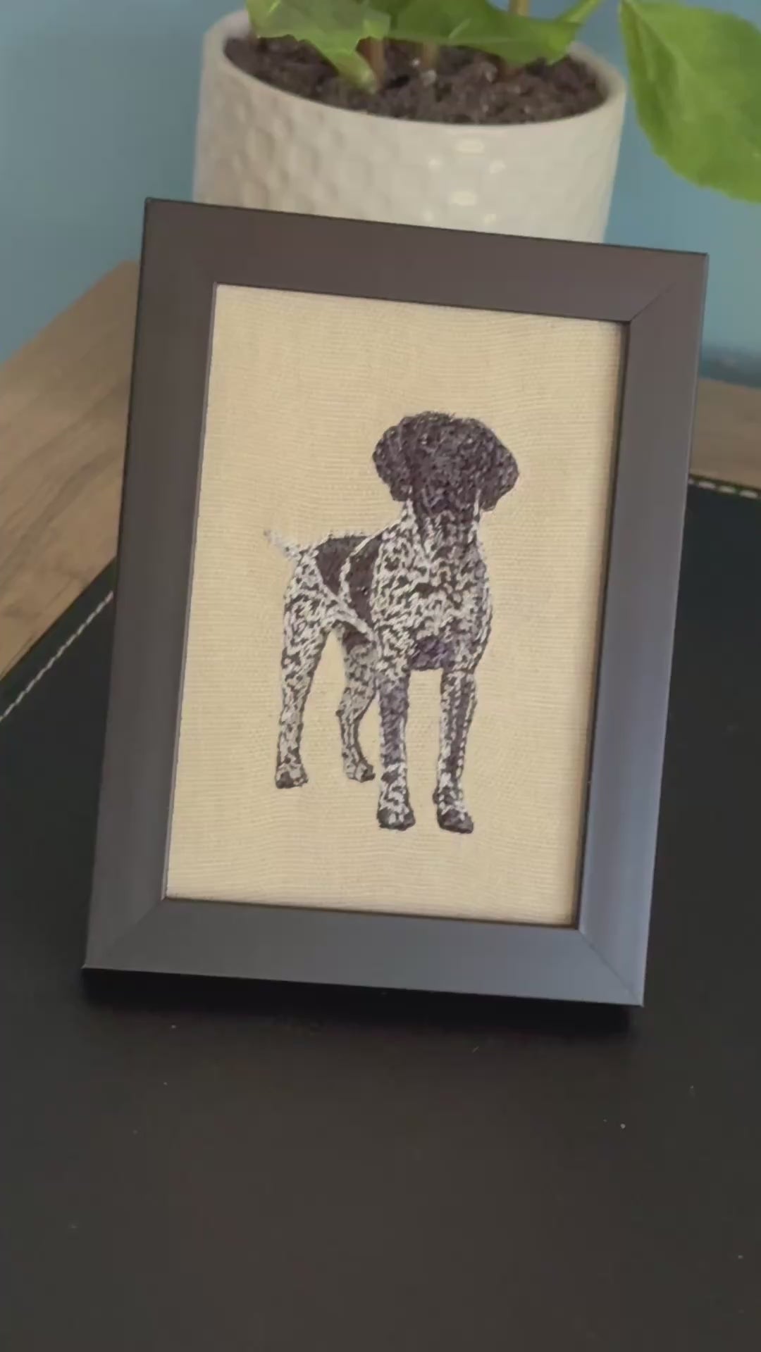German Pointer Black Machine Embroidered Framed Art | Tabletop Decor for Home or Office