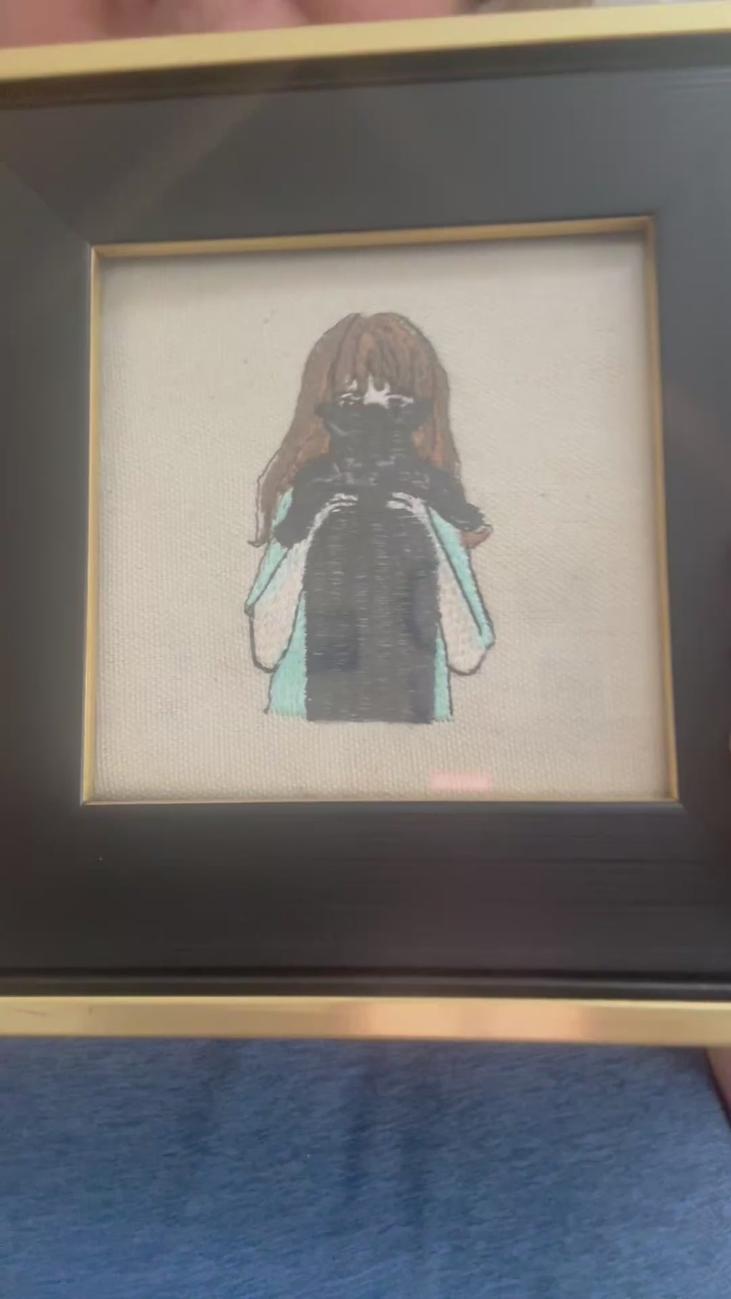 Cat and Girl Machine Embroidered Framed Art | Tabletop Decor