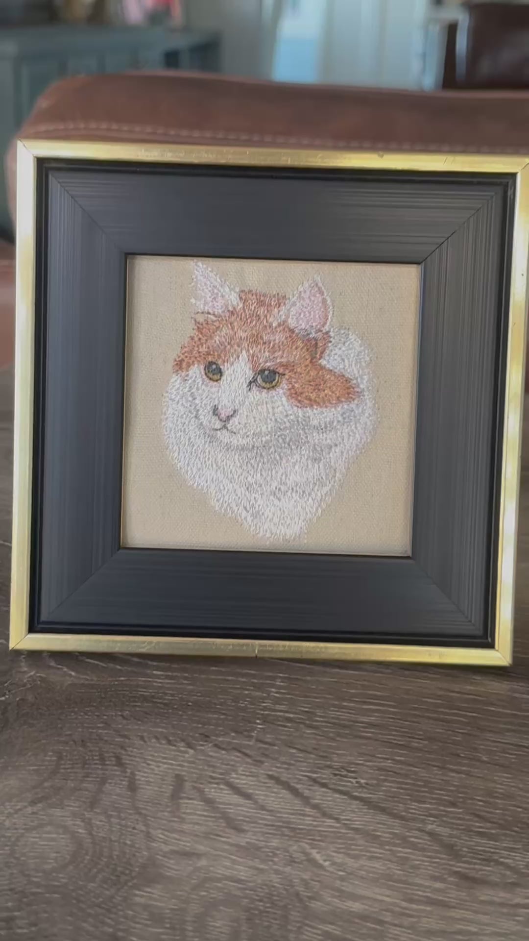 White & Orange Cat — Machine Embroidered Framed Art | Tabletop Decor